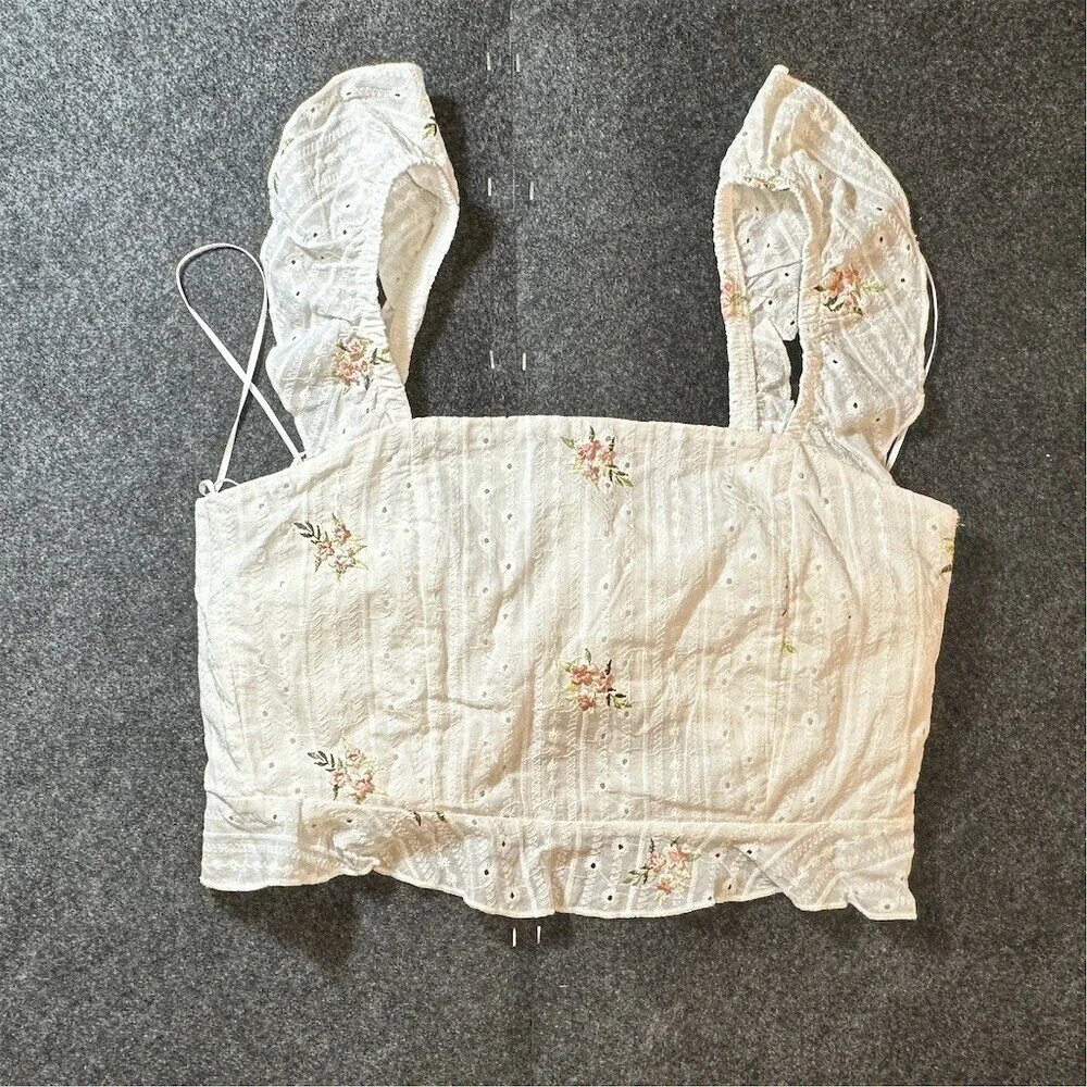 Kirious Los Angeles Crop Top Womens Size S White Pink Floral Ruffle Tie - Picture 1 of 5